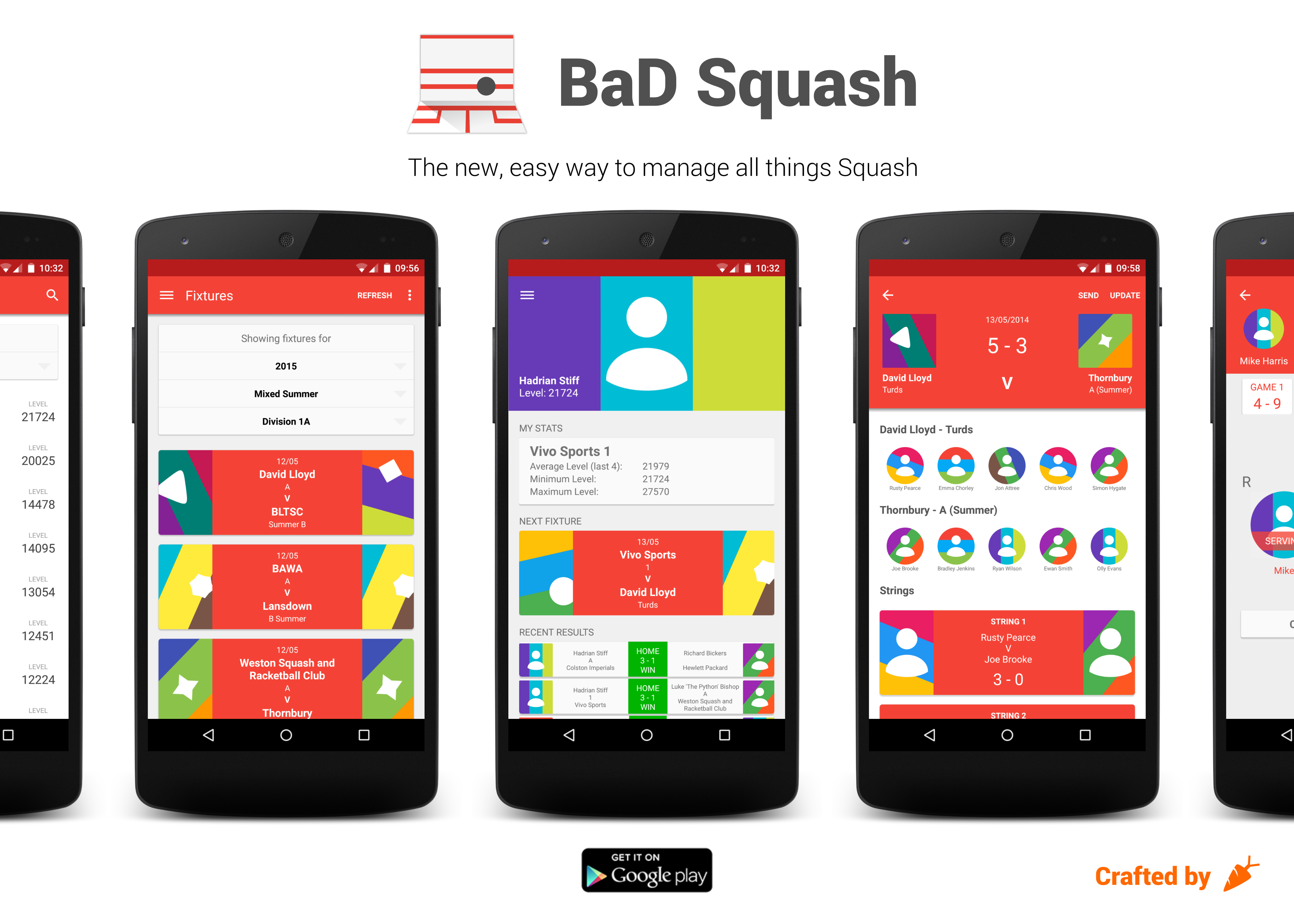 Screens from the Bristol and Avon District Squash app.