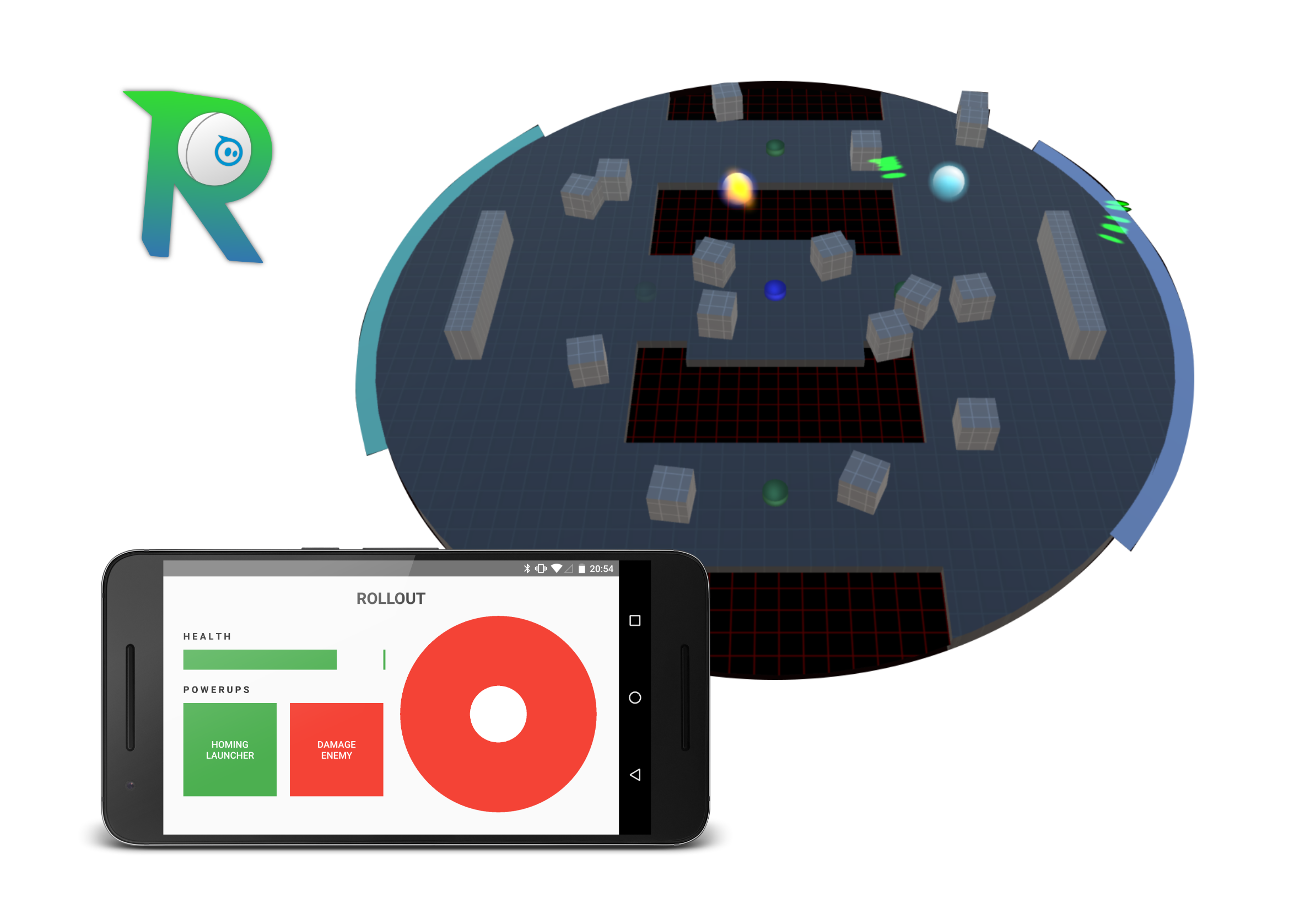Rollout's physical robots and projected battle arena.